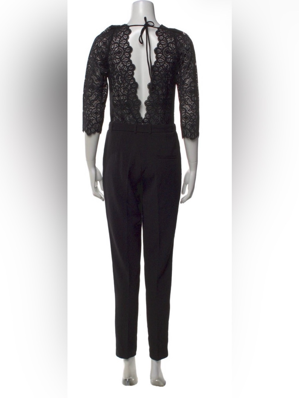 Sezane Black Lace-Sleeve V-Neck Belted Jumpsuit